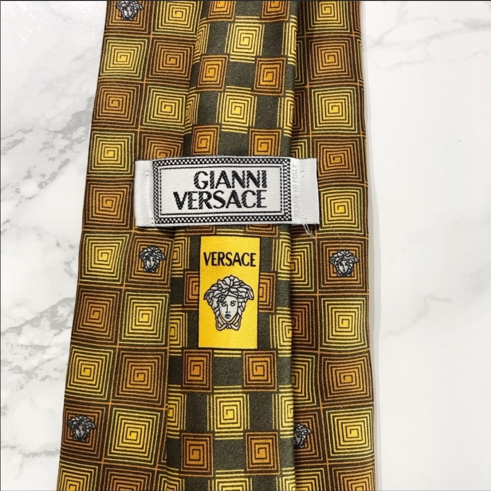Versace Checkered Greek Key Medusa Print Silk Tie